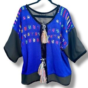 VTG Handmade Huipil Mexican Guatamalan Short Sleeve Thick Lined Cardigan Sz M-L